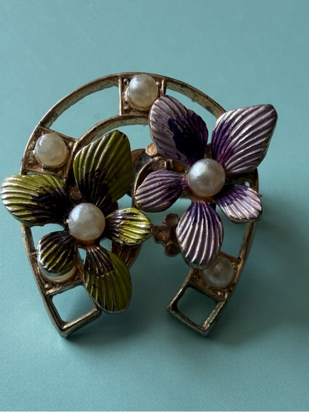 Vintage Azub Austria Enamel Flower Blue Purple Rhinestones Horseshoe Brooch Pin